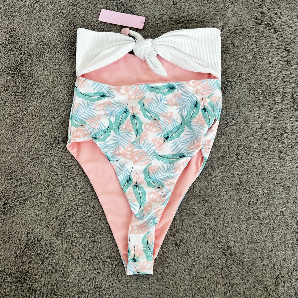 Lolli Tropical Print One Piece Swimsuit - Pink and White